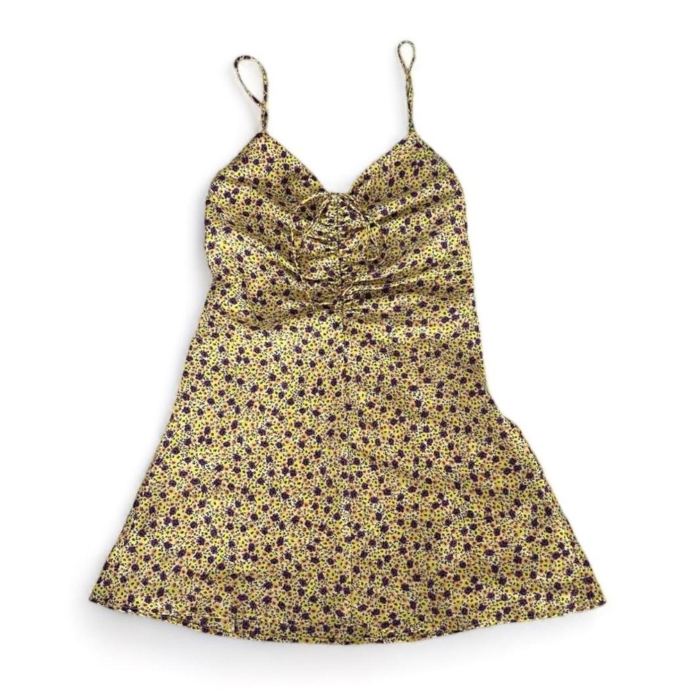 Zara Yellow Floral Draped Satin Effect Mini Dress
